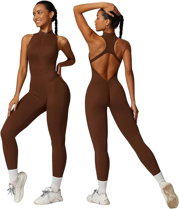 Sleeveless Workout Jumpsuit for Women Zip Up Romper Shorts V Back Scrunch Sexy One Piece | Amazon (US)