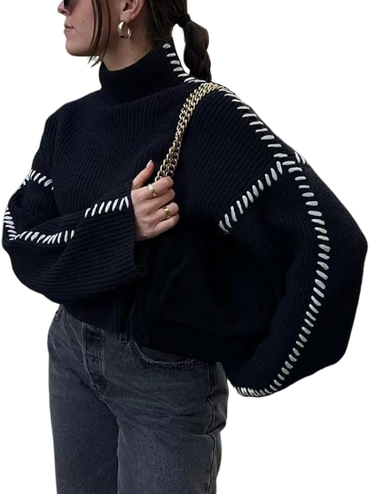 Wyeysyt Women's 2024 Fall Mock Turtleneck Sweater Contrast Stitching Chunky Long Sleeve Knit Swea... | Amazon (US)