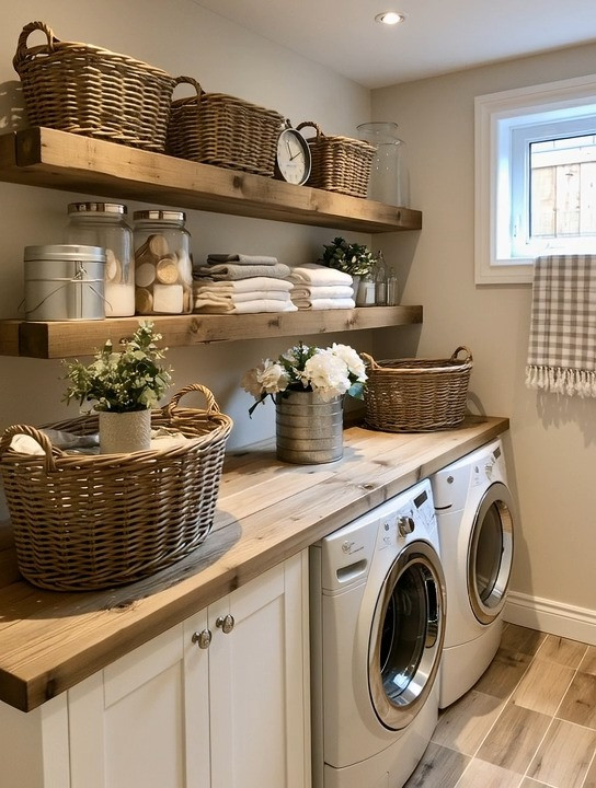 Your laundry room might have more storage space than you think. You just need to use the walls—and the space above your machines.

Start with one of our favorite laundry-room upgrades: a beautiful natural wooden countertop over the washer and dryer. That one addition instantly gives you a proper surface for sorting, folding and organizing laundry instead of balancing everything wherever you can find room.

Then look up. Add extra-thick wooden floating shelves above the counter. And yes, we specifically love them thick in a laundry room. This is where the detergent, towels, cleaning supplies, baskets—and inevitably those extras we bought in bulk—need somewhere to live.

Use beautiful baskets to hide the less attractive necessities and leave a little open space for greenery or something decorative.

Suddenly, a purely practical room becomes organized, functional and intentionally decorated.

More surface. More storage. Less clutter. That’s a refresh worth making.

#LaundryRoom #FloatingShelves #HomeOrganization #ElegantAndDriven 

 #LTKHome
