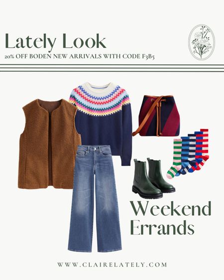 20% off Boden new arrivals with code F3B3

Lately Look - Weekend Errand Fall and Holiday outfit idea
- wide leg high rise denim jeans,  fair isle sweater, teddy borg brown vest,, hunter green boots, bag, stripe boot socks  - Love, Claire Lately 

Boden Style, New Arrivals 

#LTKsalealert #LTKstyletip #LTKshoecrush