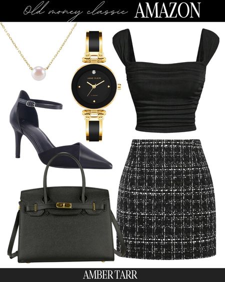 A classic old money aesthetic all black outfit. Black tweed skirt, ankle strap pumps, a classic expensive looking handbag and gold accessories. 

#LTKfindsunder100 #LTKfindsunder50 #LTKover40
