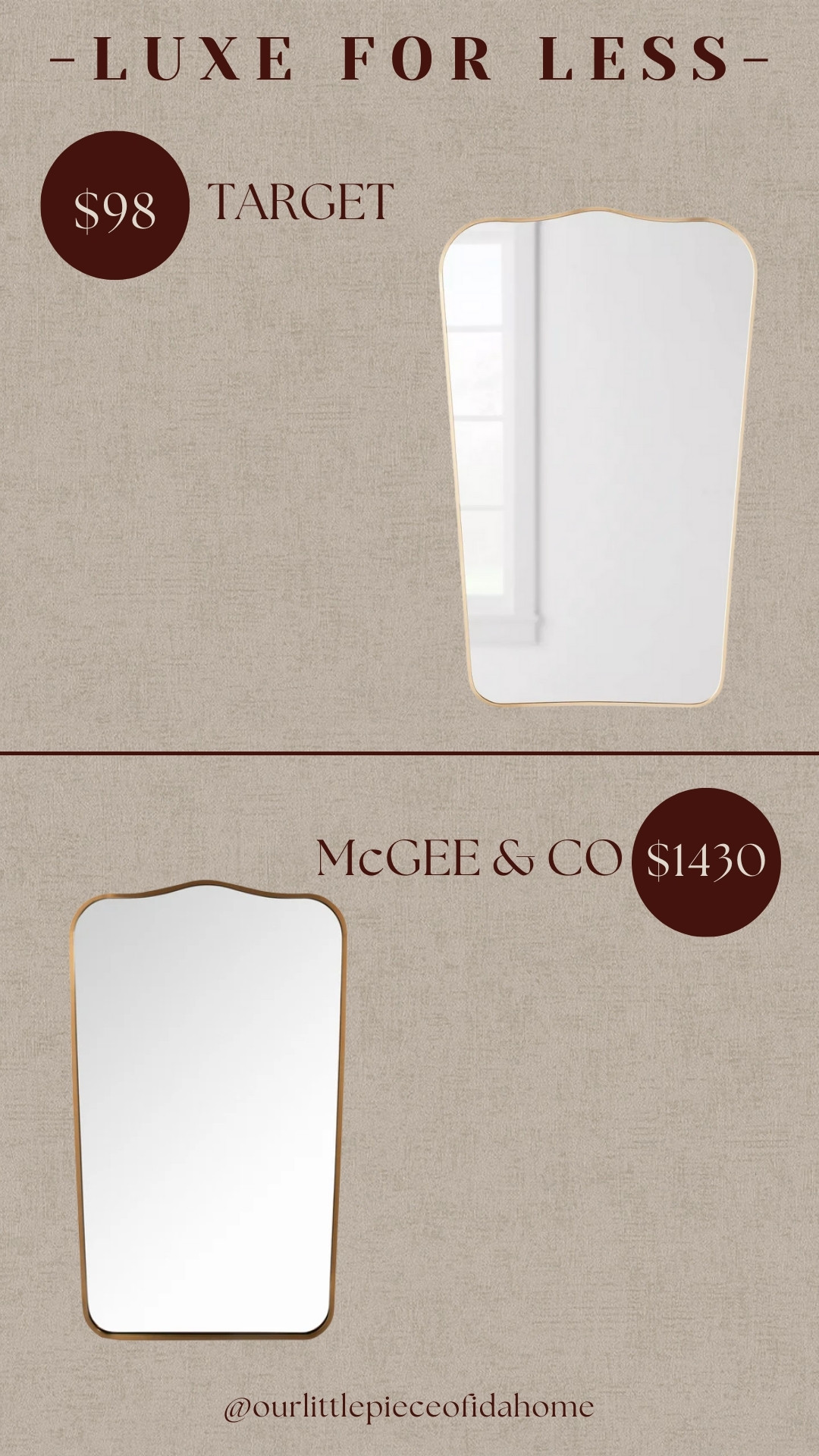 Designer-inspired mirror for less.
This Target option offers the same soft curves and warm frame detail as the McGee & Co version, without the higher price tag.

A smart swap for entryways, bedrooms, or bathrooms when you want an elevated look that still feels practical. Linked here for easy comparison. 

 #luxeforless #ltkhome #mirrorinspo #neutralhome #elevateddecor #budgetfriendlyhome #LTKU #LTKHome #LTKSaleAlert