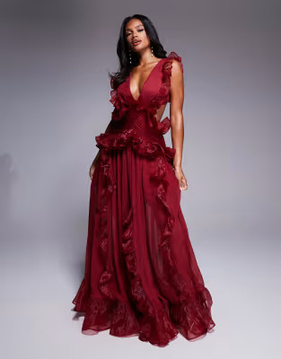 ASOS LUXE plunge maxi dress with ruched chiffon details & open back in dark cherry | ASOS | ASOS (Global)