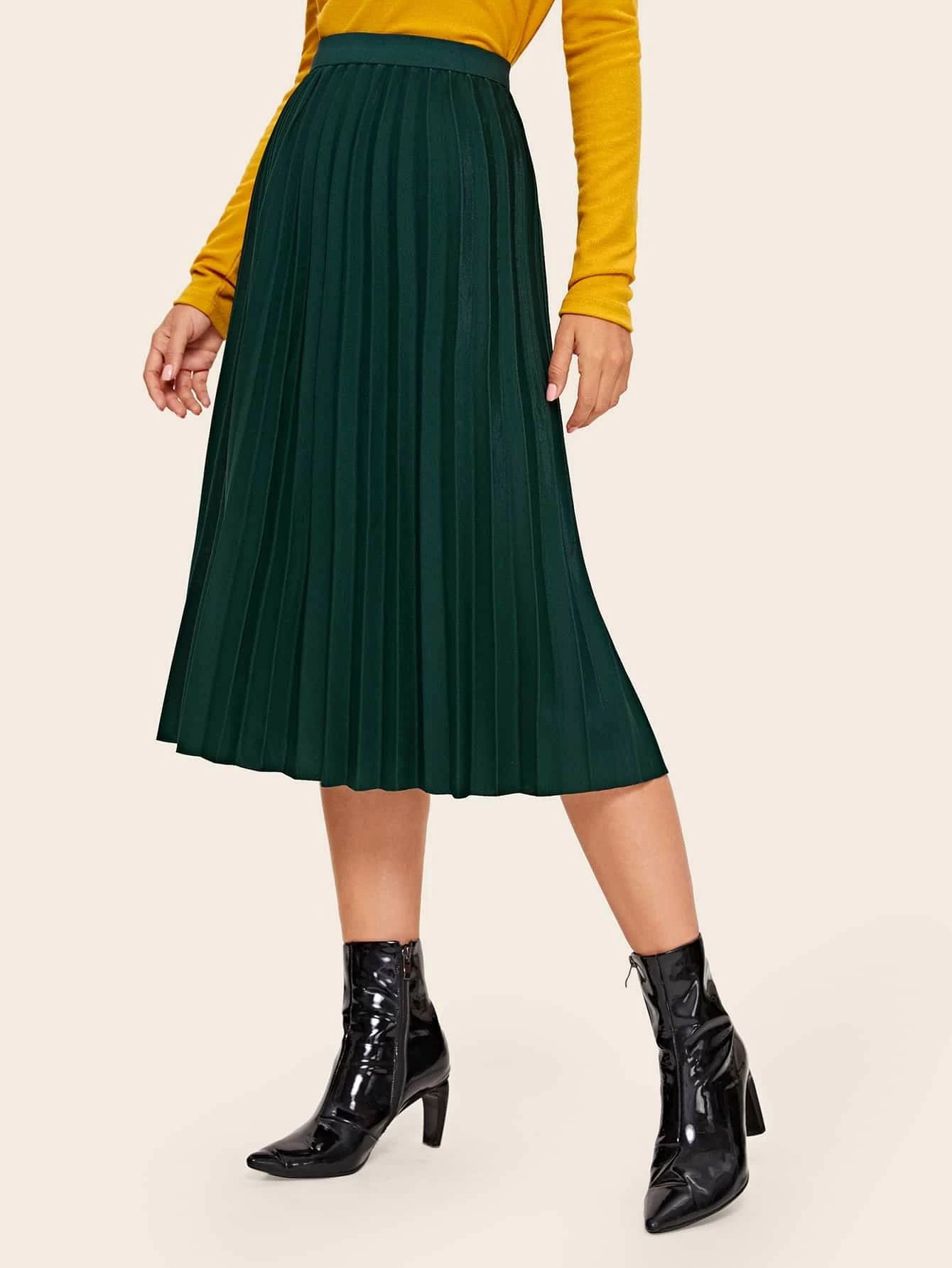 Solid Elastic Waist Pleated Skirt | SHEIN