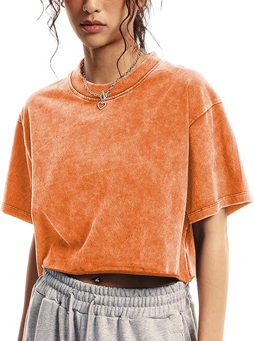 Womens Oversized Vintage T Shirts Casual Cropped Tees Short Sleeve Cotton Acid Wash Tops Summer G... | Amazon (US)