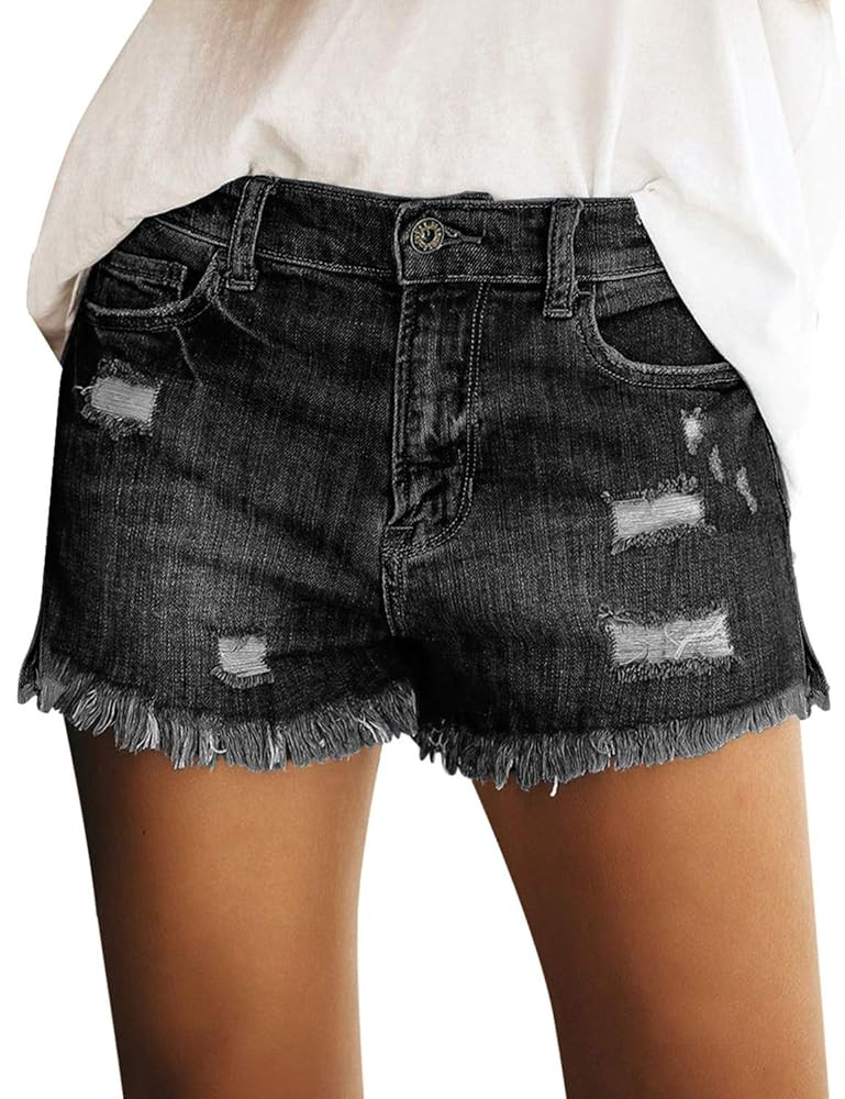 luvamia Women's Casual Mid Rise Denim Shorts Stretch Ripped Raw Hem Jean Shorts | Amazon (US)