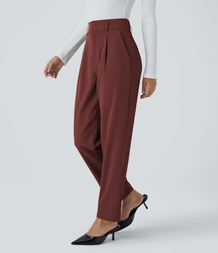 High Waisted Pocket Solid Work Tapered Pants | HALARA