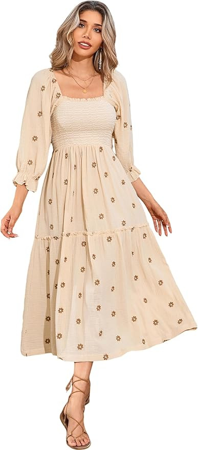 R.Vivimos Women's Long Sleeve Cotton Boho Midi Dress Vintage Square Neck Floral Embroidered Tiere... | Amazon (US)