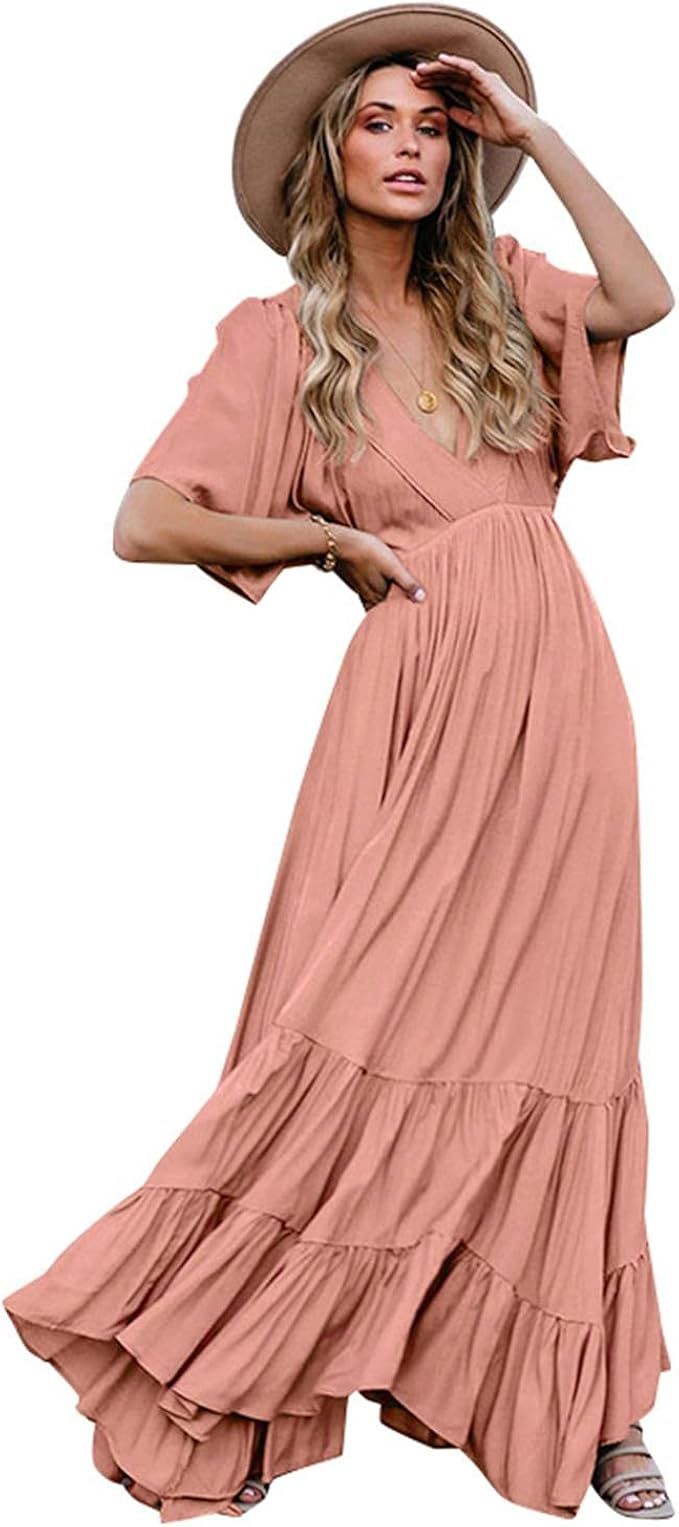 ALILING Women's Summer Casual Deep V Neck Short Sleeve Ruffle Tiered Beach Party Maxi Dress | Amazon (US)