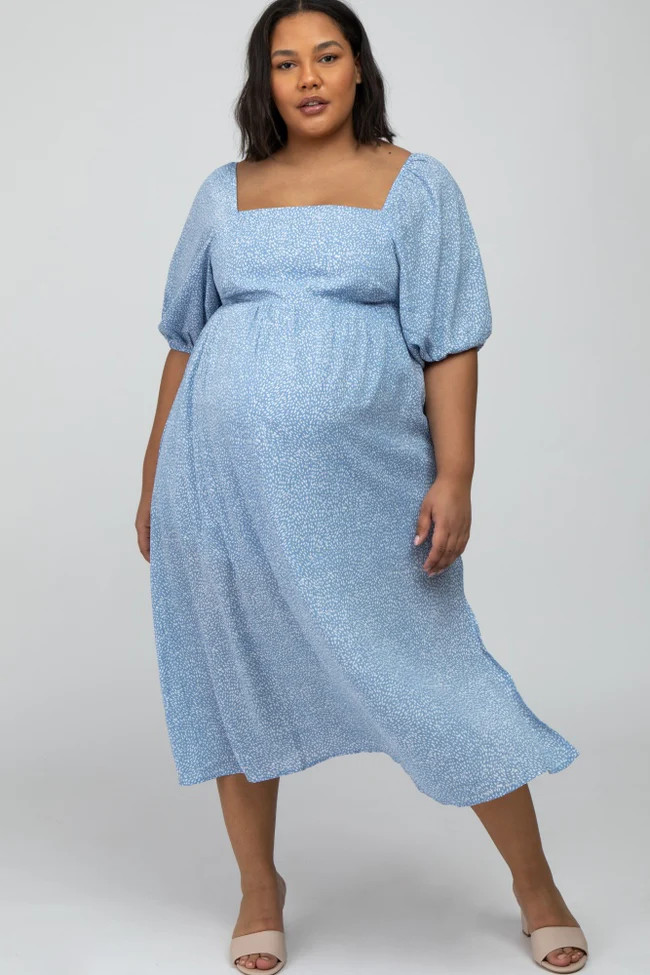 Light Blue Dot Print Plus Maternity Midi Dress | PinkBlush Maternity