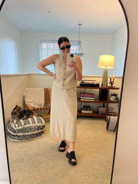 Skirt and vest matching linen set (medium) | black slides (run small) | black sunnies | gold jewelry 

Spring outfit, brunch outfit 

#LTKmidsize #LTKfindsunder50 #LTKstyletip