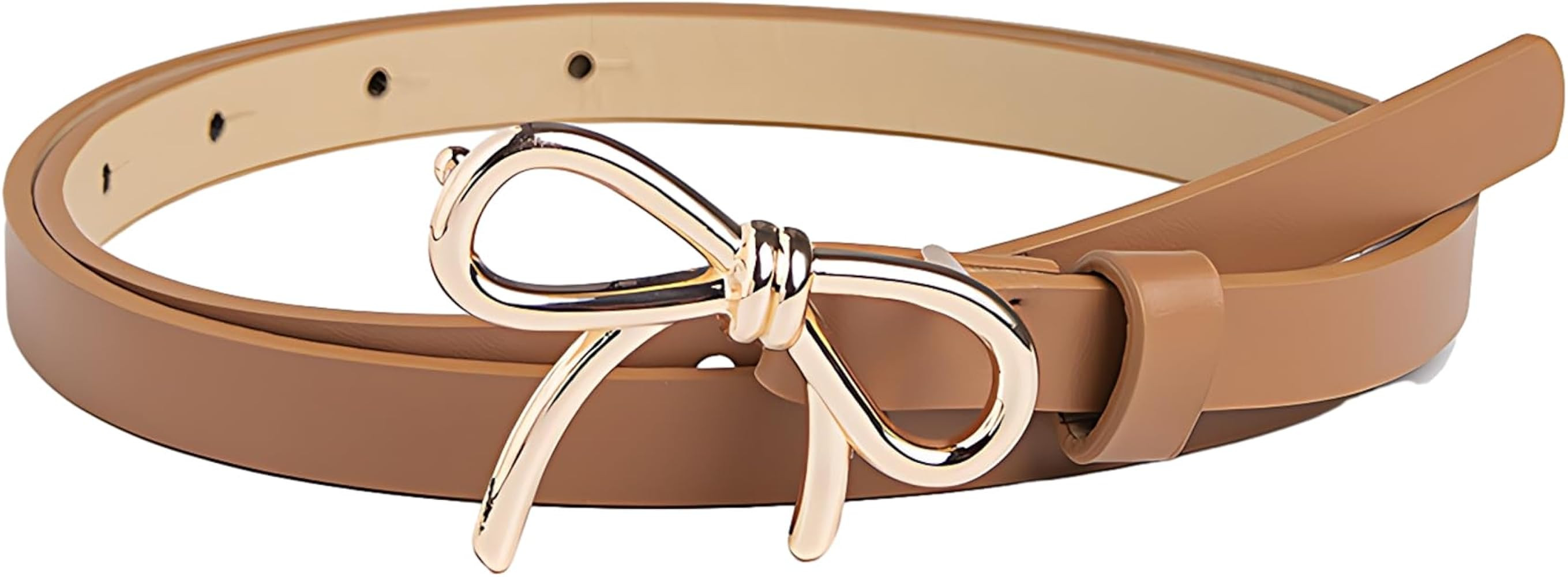 Womens Leather Belt Gold Bow Skinny Belt for Dresses Dress Jeans Ladies Thin Waist Belt for Pants | Amazon (US)