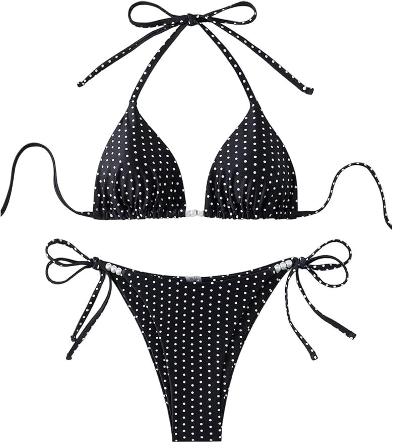 WDIRARA Women's Polka Dots Bikini Sets Halter Triangle String Swimsuit Tie Side 2 Piece Bathing S... | Amazon (US)