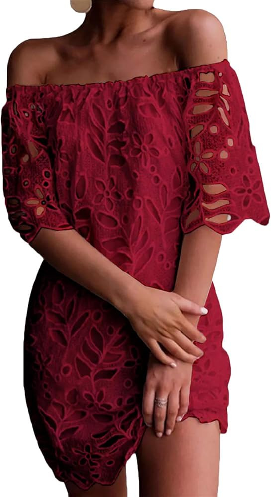 PRETTYGARDEN Women's Summer Off Shoulder Vintage Floral Lace Flare Short Sleeve Loose Elegant Min... | Amazon (US)