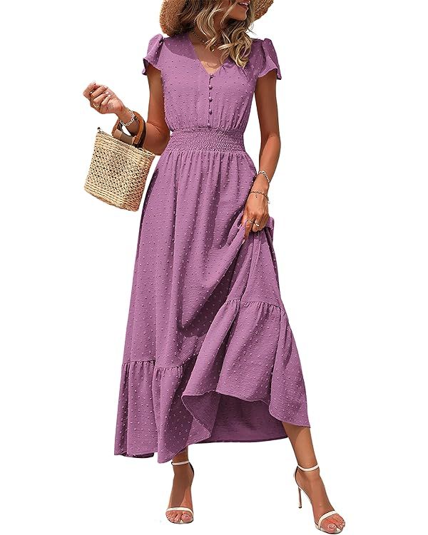 PRETTYGARDEN Womens Boho Short Sleeve V Neck Swiss Dot Ruffle Tiered Smocked Long Cocktail Dress | Amazon (US)