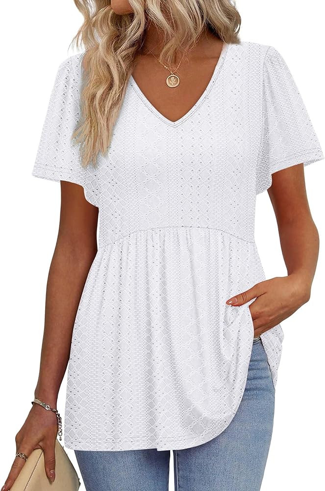 OFEEFAN Womens Summer Tops Babydoll Short Sleeve Shirts Puff Sleeve Peplum Tops V Neck T Shirts | Amazon (US)