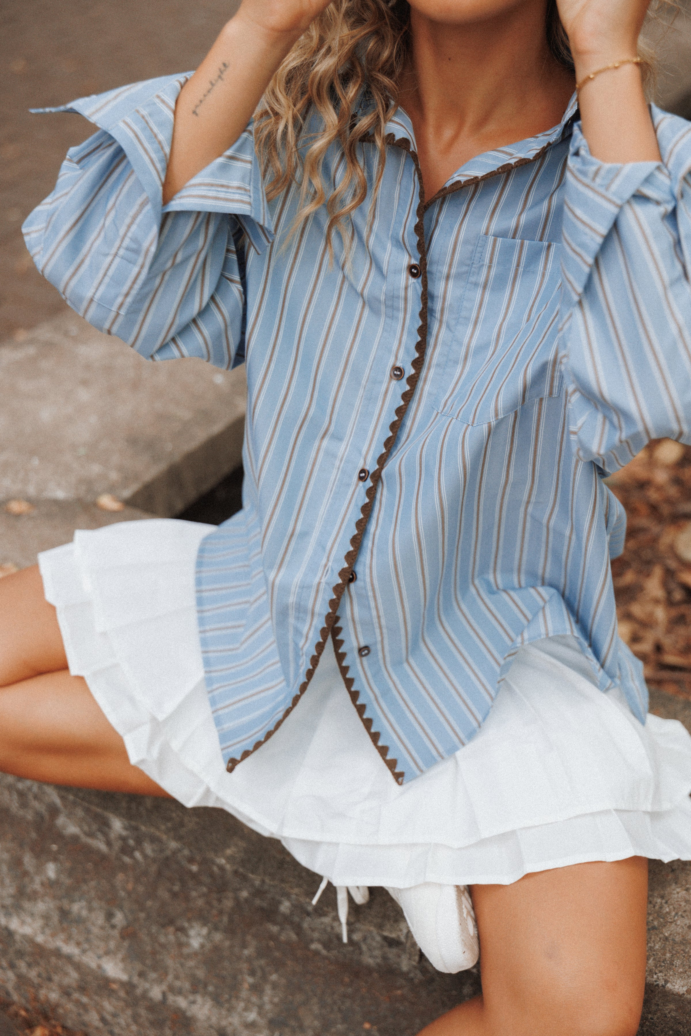 Mila Button Up Shirt - Blue/Brown Stripe | Petal & Pup (AU)