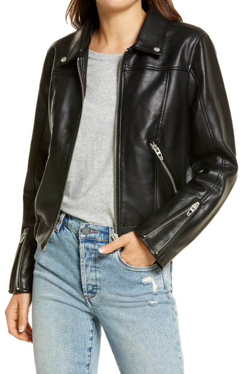 Faux Leather Bomber Jacket with Removable Hood | Nordstrom