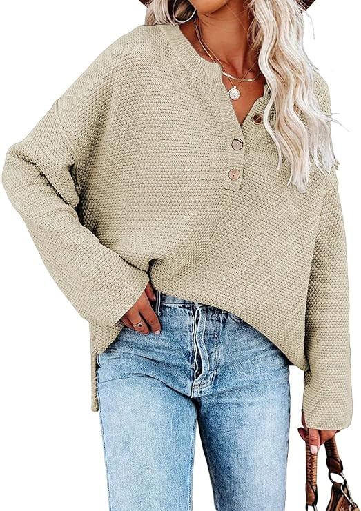 SHEWIN Women's Long Sleeve Button Neck Fall Pullover Sweaters Knit Jumper Tops | Amazon (US)
