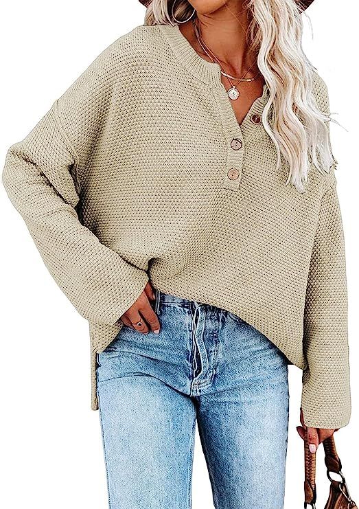 SHEWIN Women's Long Sleeve Button Neck Fall Pullover Sweaters Knit Jumper Tops | Amazon (US)