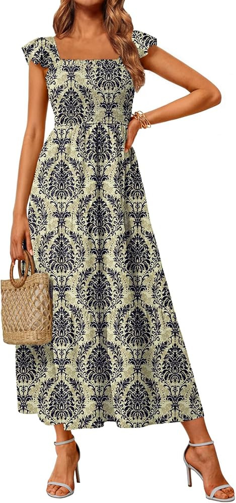 LILLUSORY Womens Square Neck Floral Ruffle Sleeve Maxi Dress 2026 Smocked Boho Vintage Sundress w... | Amazon (US)