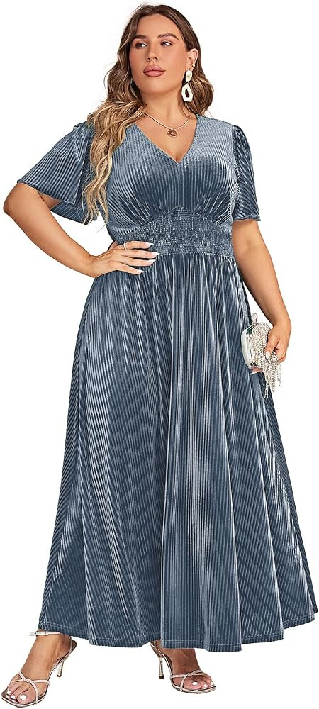 Simplee Women’s V Neck Velvet Maxi Dress Short Sleeve Empire Waist Long Formal Dress for Weddin... | Amazon (US)