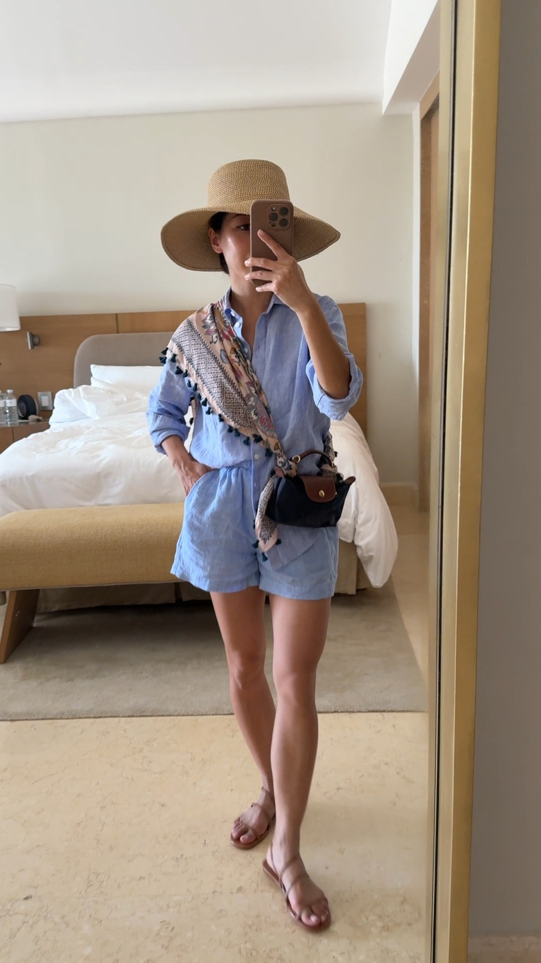 On rare sale: my linen shirt set avail in petites. Great worn together or as separates or as a swim cover-up. ￼

• Jcrew linen button down shirt 00 petite (go a size up in the shirt only if you want a more relaxed fit. petite sleeves run short)

• matching  linen shorts in XXS

• Marc Fisher strappy sandals 5.5, TTS

• Eric Javits packable sun hat from Nordstrom

• Longchamp mini bag with old Nordstrom silk scarf

Matching set, resort wear, vacation style, mom friendly looks

#LTKPetite #LTKTravel #LTKSwim