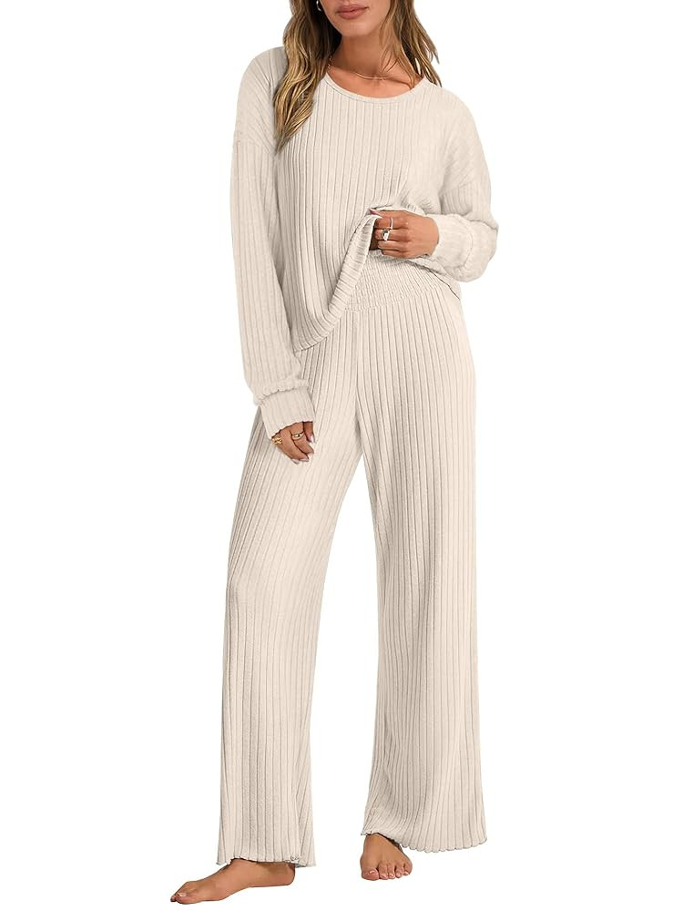 ANRABESS Women 2 Piece Lounge Pajamas Sets Casual Ribbed Knit Long Sleeve Top Pants Matching Set ... | Amazon (US)