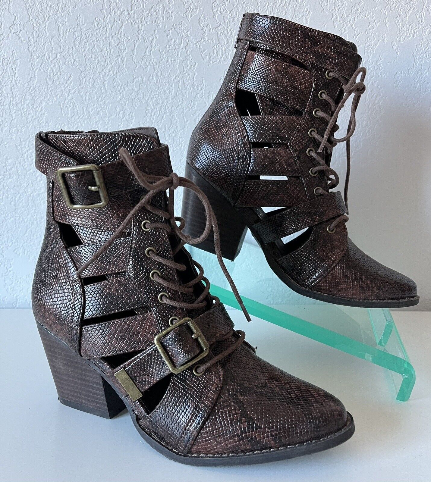 Coconuts by Matisse Sz 7 Getty Boots Brown Cutout Heel Buckle Straps Lace Up Zip  | eBay | eBay US
