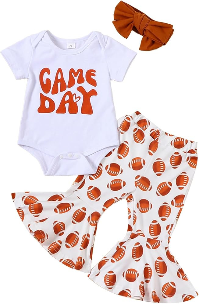 Karuedoo Newborn Baby Girl Football Outfit Game Day Short Sleeve Romper Football Flared Pants Hea... | Amazon (US)
