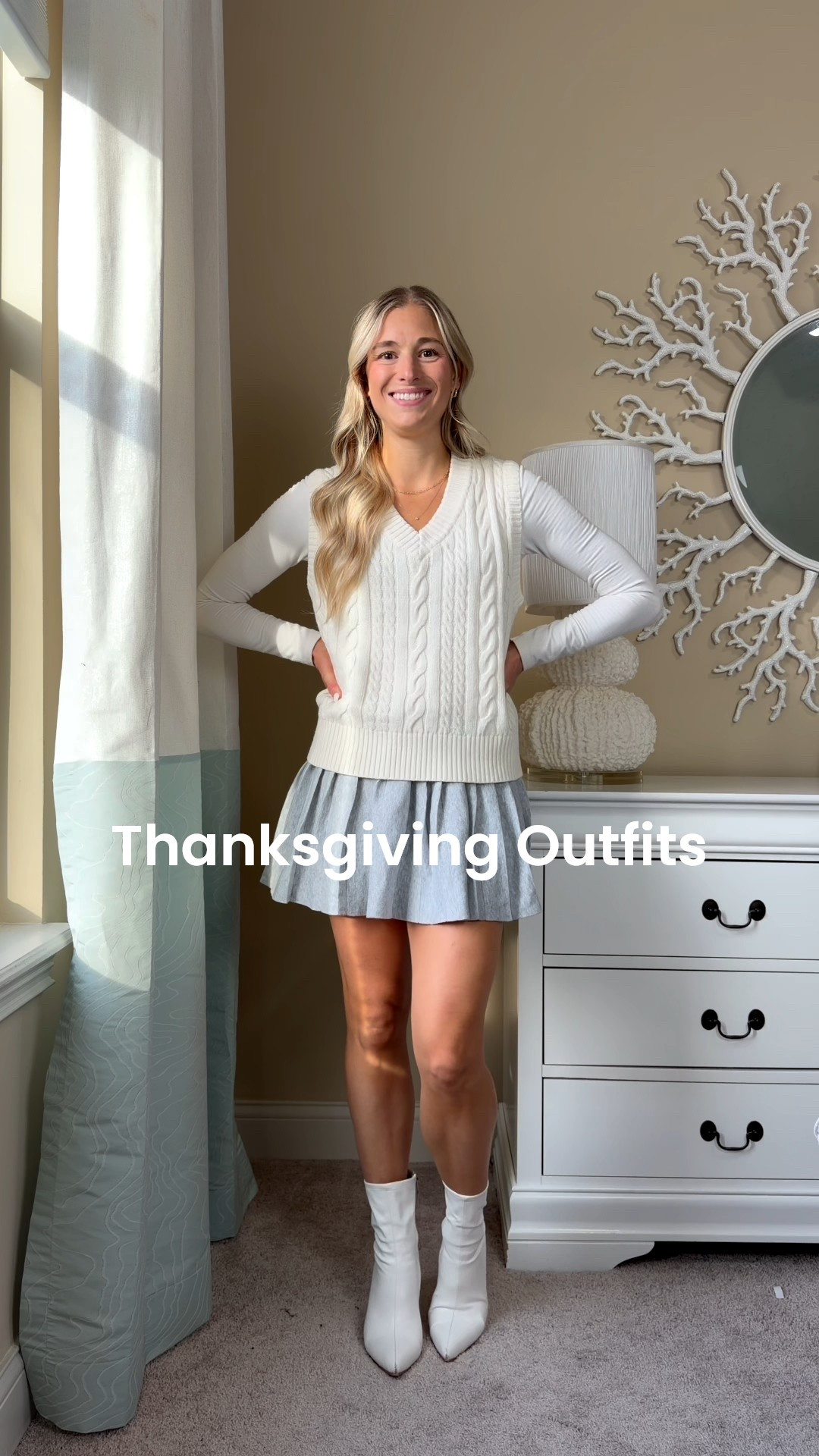 
Three Thanksgiving outfit ideas 🤎 From dressy to cozy — something for every plan!

1️⃣ Skirt + sweater vest combo — XS in both, TTS. Boots size 7. Size up 1/2. 
2️⃣ Mesh top (XS TTS) + jeans (0 TTS) — perfect for a casual but put-together look.
3️⃣ Cozy matching set — XS sweatshirt + sweatpants. Oversized fit for all the cozy vibes!

Perfect for fall family photos, Friendsgiving, or Thanksgiving dinner 🍂
: thanksgiving outfit • fall outfit ideas • fall fashion • cozy outfit • casual thanksgiving outfit • holiday outfit • fall family photo outfit • comfy outfit • sweater vest outfit • matching set outfit • jeans outfit • fall style inspo • outfit ideas for thanksgiving

#LTKFindsUnder50 #LTKStyleTip