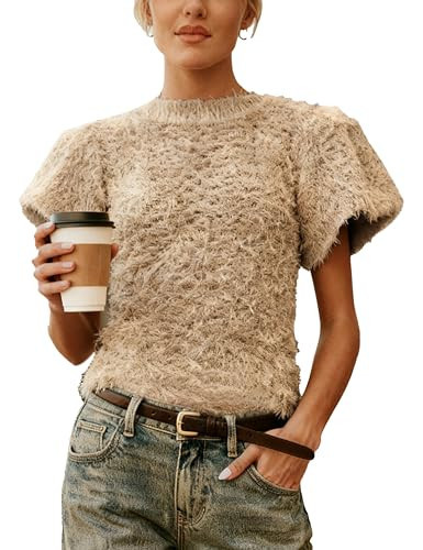 Ziqoty Women's Fuzzy Knit Puff Sleeve Sweater Crew Neck Short Sleeve Cropped Pullover Top Casual Vintage Inspired Outfits(Khaki-L) | Amazon (US)