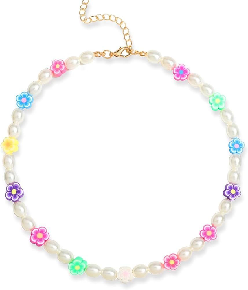 Cute Flower Pearl Necklace Bracelet Assorted Rainbow Colorful Resin Beads Choker Y2K Necklace for... | Amazon (US)