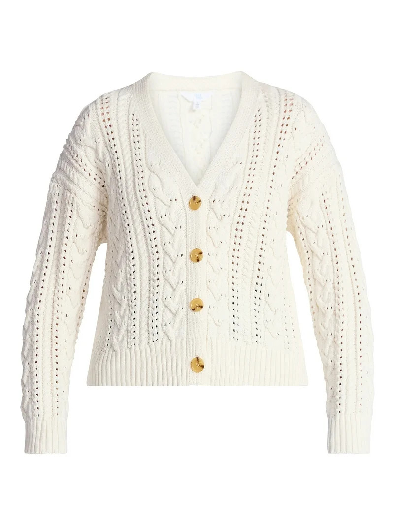 Time and Tru Women's Cable Knit Cardigan Sweater with Long Sleeves, Lightweight, Sizes XS-XXXL | Walmart (US)