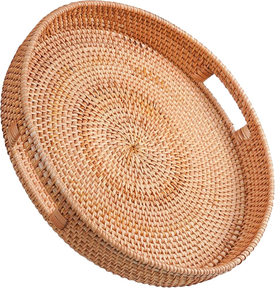 Amazon.com: HOMESSENT Round Rattan Tray 14x 2.75 Inches - Natural Rustic & Sturdy Wicker Tray wit... | Amazon (US)