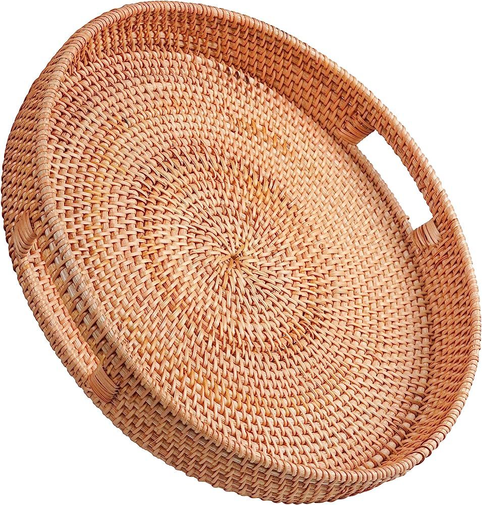 HOMESSENT Round Rattan Tray 14x 2.6 Inches - Natural Rustic & Sturdy Wicker Tray with Cut-Out Han... | Amazon (US)