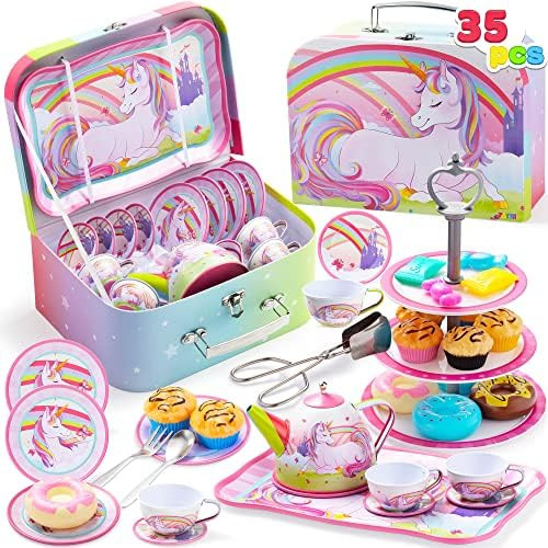 JOYIN 35Pcs Unicorn Castle Pretend Tin Teapot Set for Tea Party and Kids Kitchen Pretend Play Kit... | Amazon (US)