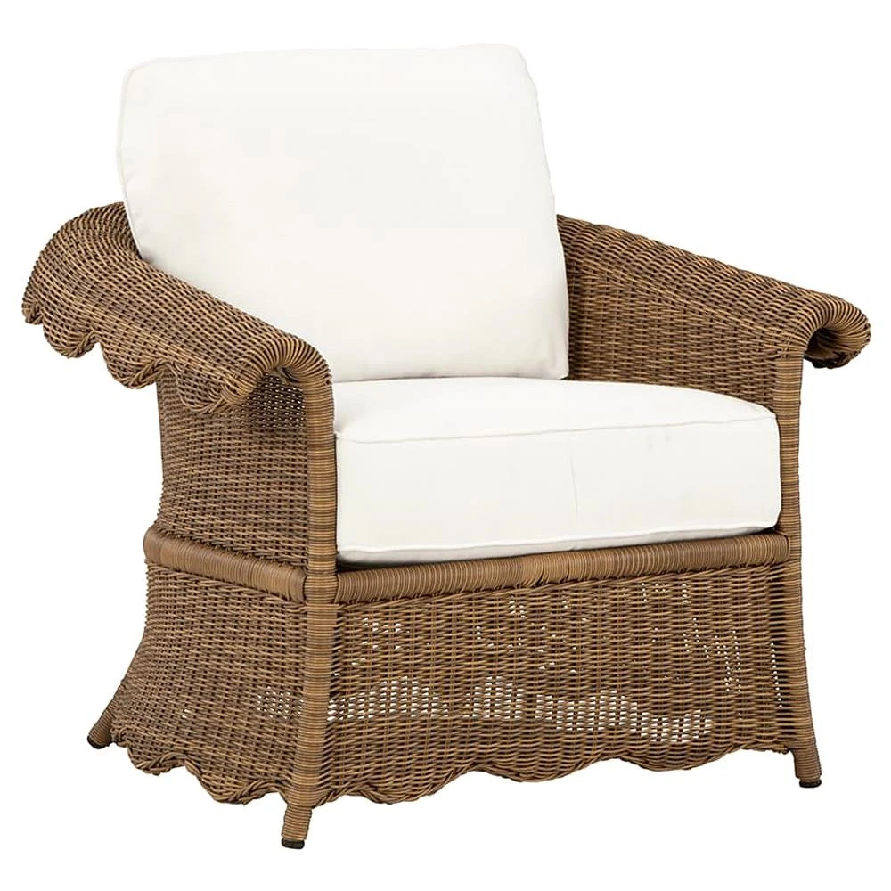 Cielo Coastal White Sunbrella Brown Woven Wicker Scalloped Outdoor Lounge Chair | Kathy Kuo Home
