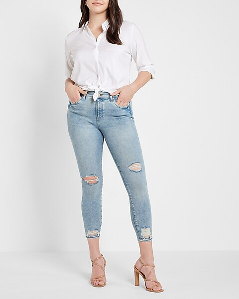 Mid Rise Light Wash Ripped Cropped Skinny Jeans | Express