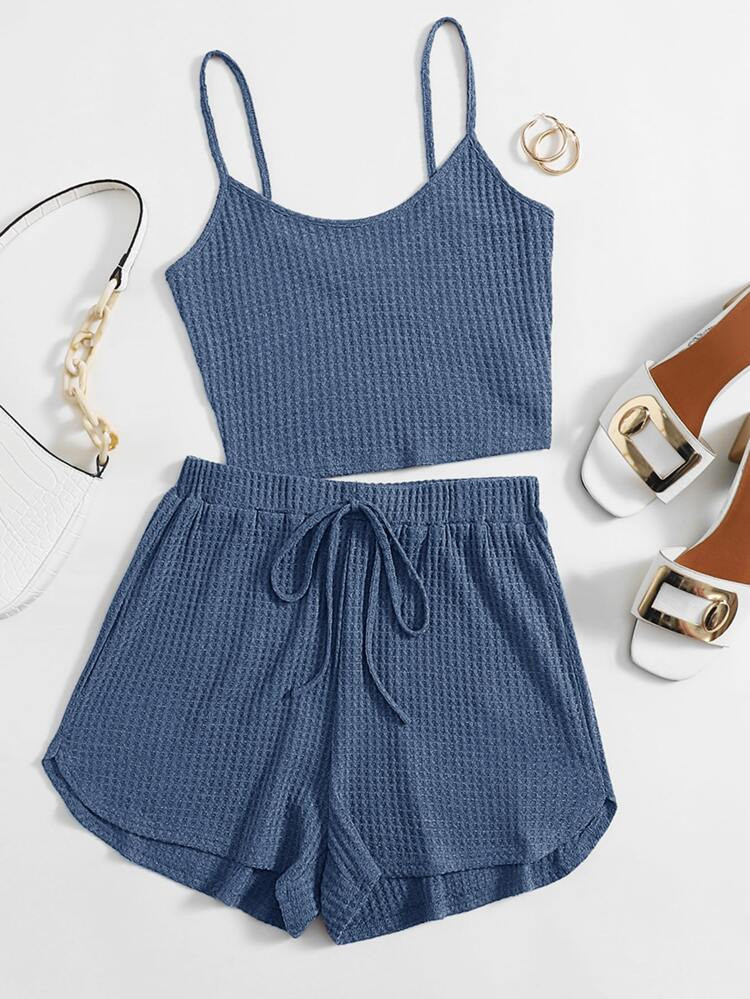 SHEIN Waffle Knit Crop Cami Top & Knot Waist Shorts Set | SHEIN