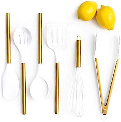 White Silicone and Gold Cooking Utensils for Modern Cooking and Serving, Stainless Steel Gold Ser... | Amazon (US)