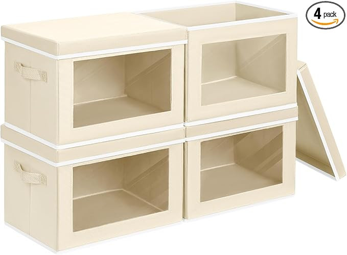 Storage Boxes with Lids - 4 Pack Fabric Clear Window Storage Bins, Large Decorative Storage Bins ... | Amazon (US)