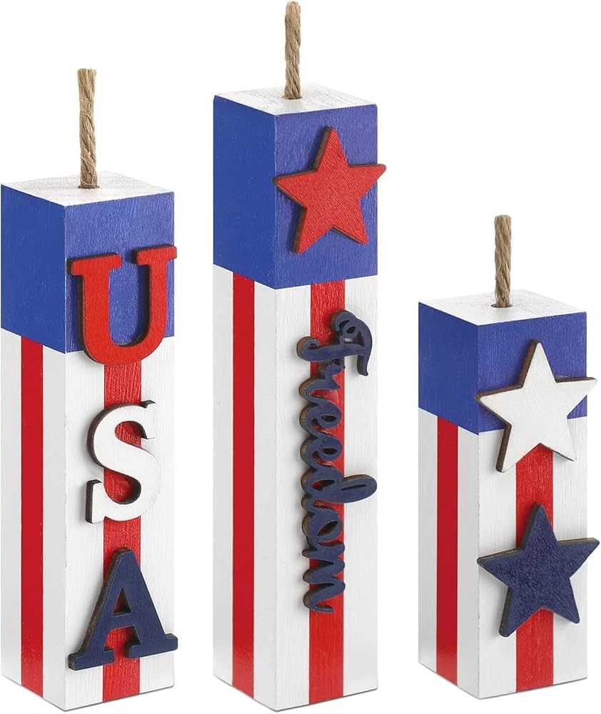 3 Pieces 4th of July Tiered Tray Decor Wood Memorial Day Decorations Wooden Firework Patriotic Ru... | Amazon (US)