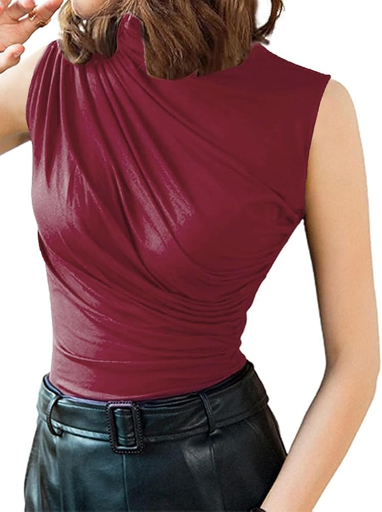Avanova Women Fitted Sleeveless Ruched Tank Top Shirt Mock Turtleneck Blouses | Amazon (US)