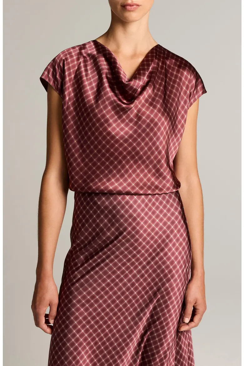Vince Ombr Plaid Silk Cowl Neck Top in Black Rose/oak Buff at Nordstrom, Size Large | Nordstrom