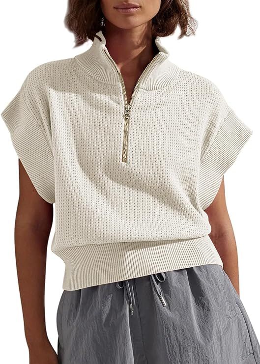 Langwyqu Womens Short Sleeve Cropped Knit Tops Half Zip Cap Sleeve Lightweight Oversized Sweater ... | Amazon (US)
