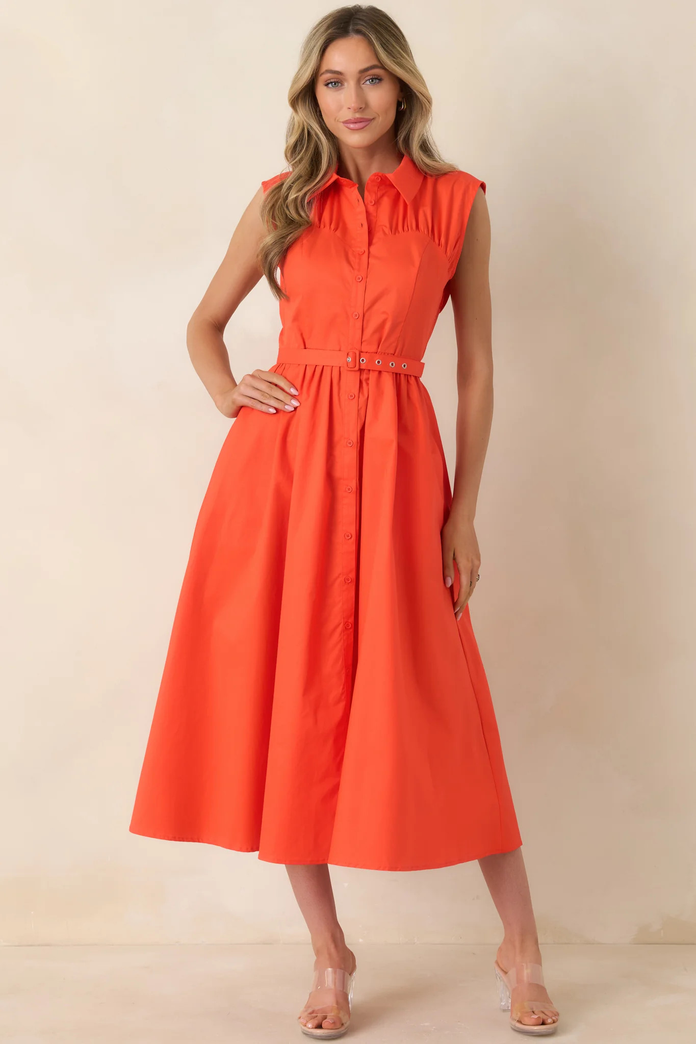 Hello Gorgeous Orange Cotton Belted Sleeveless Midi Dress | Red Dress