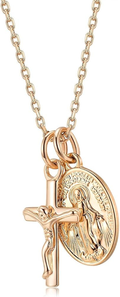 Dainty Gold Necklace for Women, Cross Virgin Mary Necklace, 18k Gold Simple Necklace, Cubic Zirco... | Amazon (US)