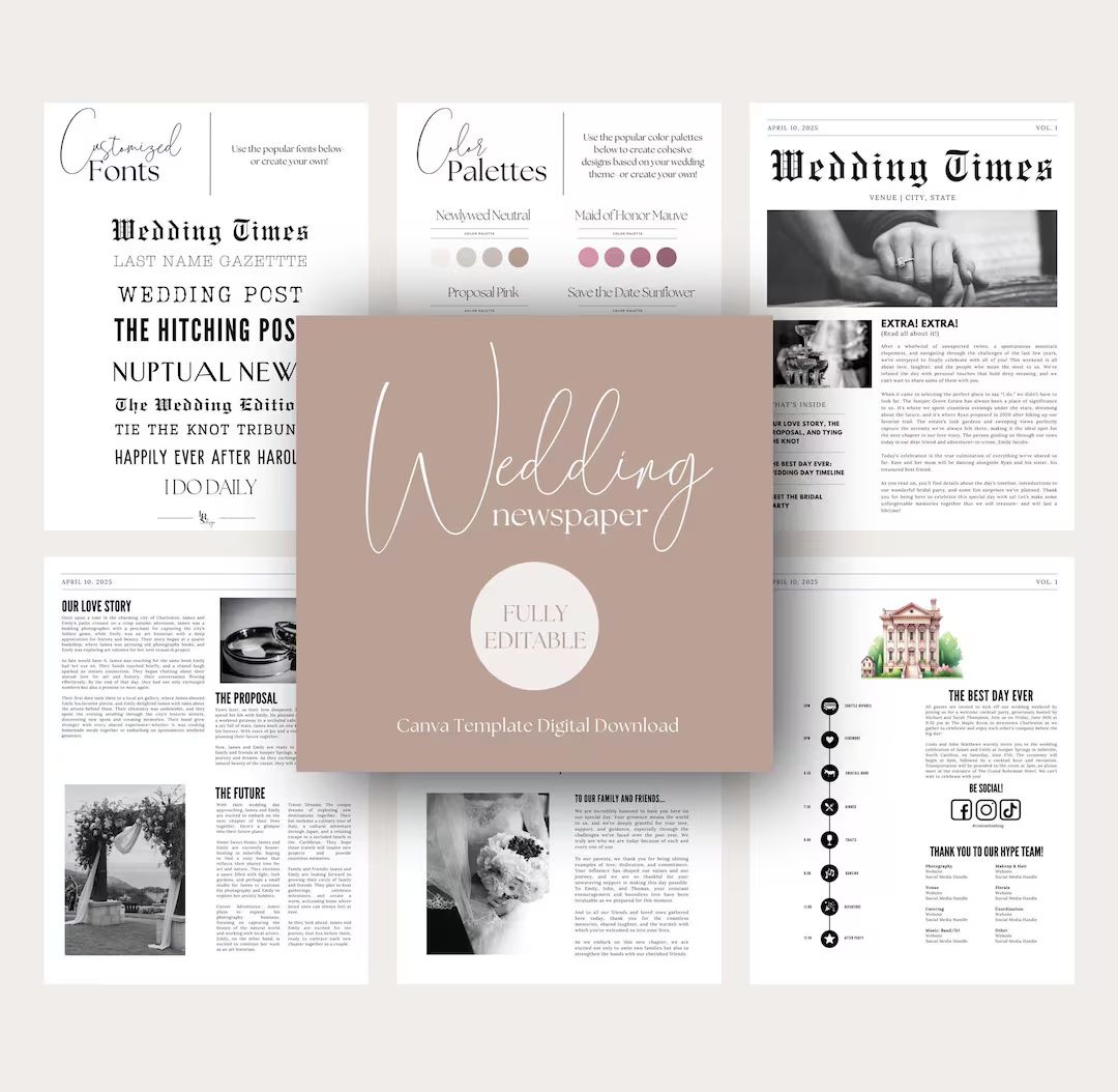 Wedding Newspaper Digital Canva Template Wedding Times Hitching Post Digital Download Template - ... | Etsy (US)