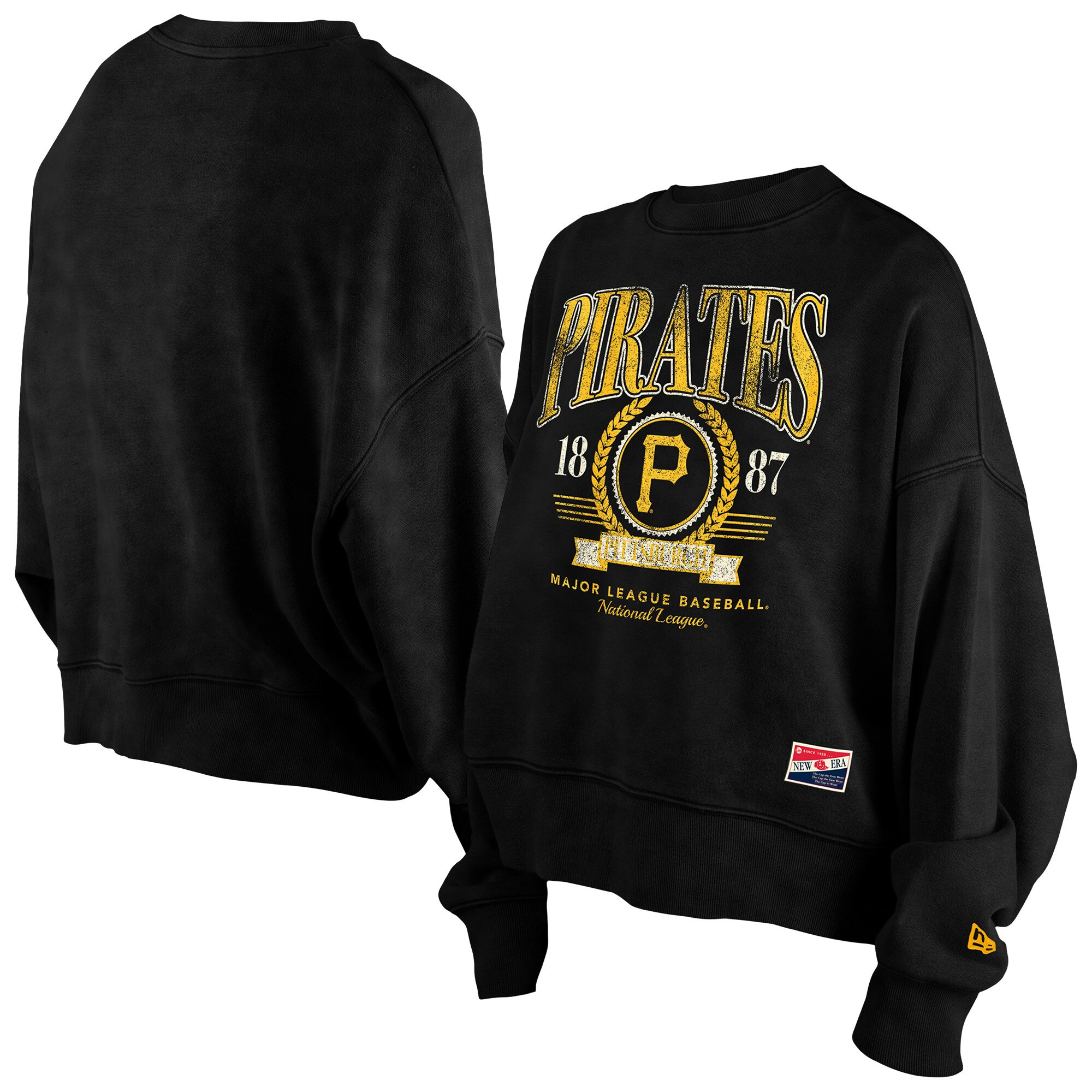 Women's Pittsburgh Pirates  New Era Black Throwback Boxy Enzyme Wash Fleece Crewneck Pullover | MLB Shop
